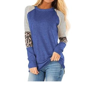 NWT Women Crew Neck Long Sleeve Stripes Leopard Print Top